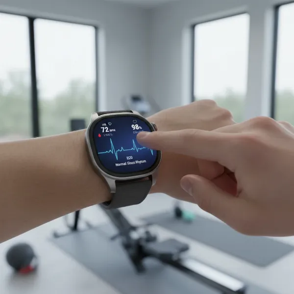 Person interacting with an all-in-one smartwatch displaying multiple health metrics on its screen.