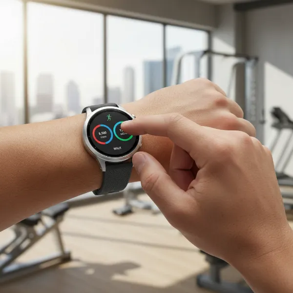 User interacting with Amazfit Balance smartwatch, showing smart features, notifications, and active lifestyle.