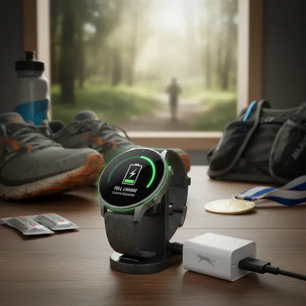 Amazfit Cheetah Pro on charger, highlighting long battery life for runners