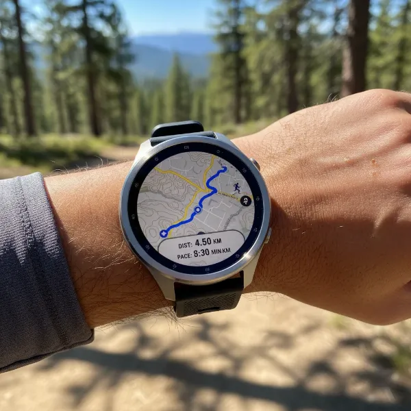 Amazfit Cheetah Pro smartwatch on a runner's wrist with GPS route overlay