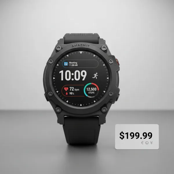 Amazfit T-Rex 3 showcasing its AMOLED display with key health and fitness metrics.