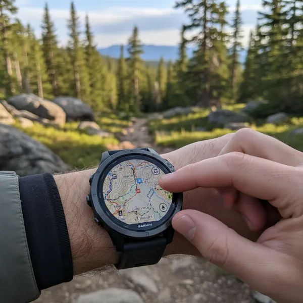 Garmin smartwatch with vibrant AMOLED display showing detailed topographical map outdoors.