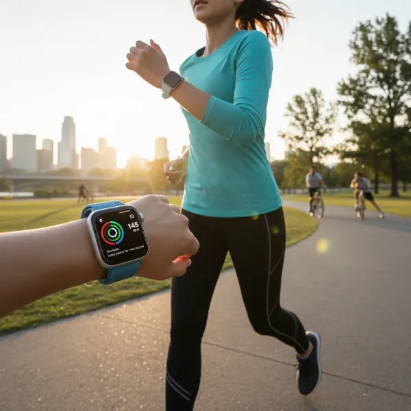 Person exercising with Apple Watch SE 3 displaying health and fitness metrics.