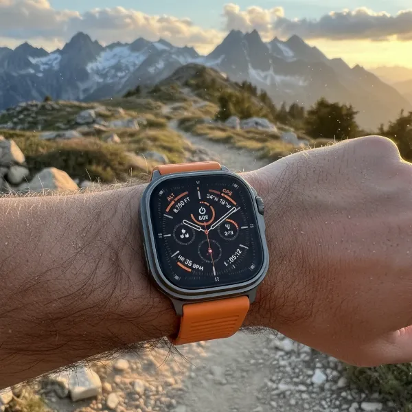 Apple Watch Ultra 3 on a person's wrist during an outdoor adventure, showing ruggedness and advanced features.