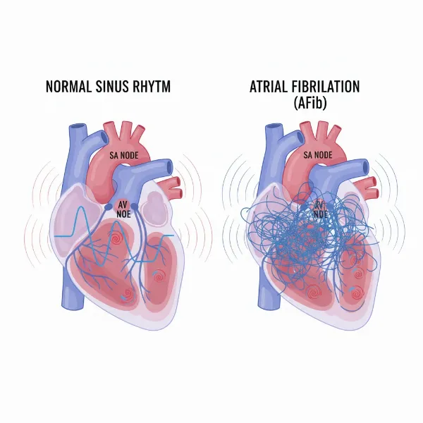 Illustration showing chaotic atrial fibrillation heartbeat compared to a normal sinus rhythm.