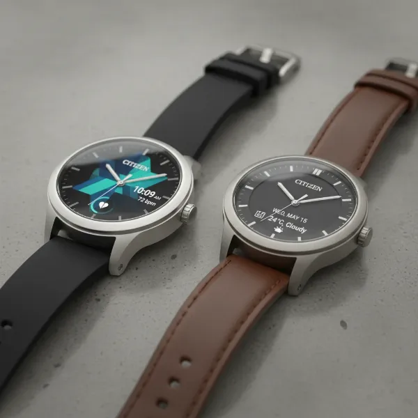 Two Citizen CZ Smart watches, one touchscreen and one hybrid, showcasing their distinct designs and displays side-by-side.