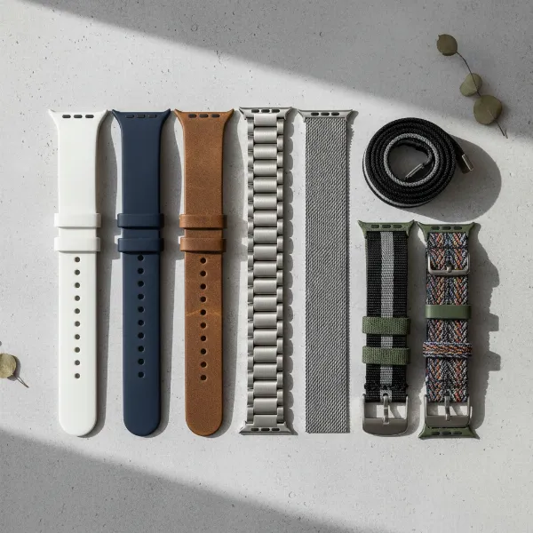 A collection of pristine smartwatch bands of different materials displayed neatly.