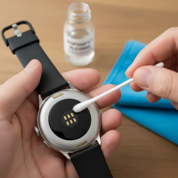 Hand using a cotton swab with isopropyl alcohol to gently clean smartwatch charging pins.