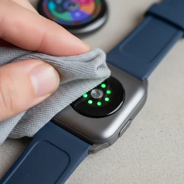 Person using a soft cloth to clean the optical heart rate sensor on a smartwatch.