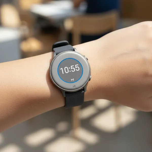 A compact smartwatch on a small wrist, highlighting case diameter and lug-to-lug distance.