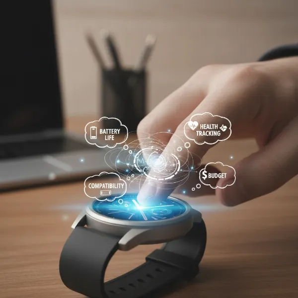 A person's hand holding a smartwatch, with comparison elements overlaid, representing the decision process.