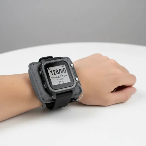 A smartwatch with an integrated inflatable cuff on a wrist, demonstrating a blood pressure measurement.