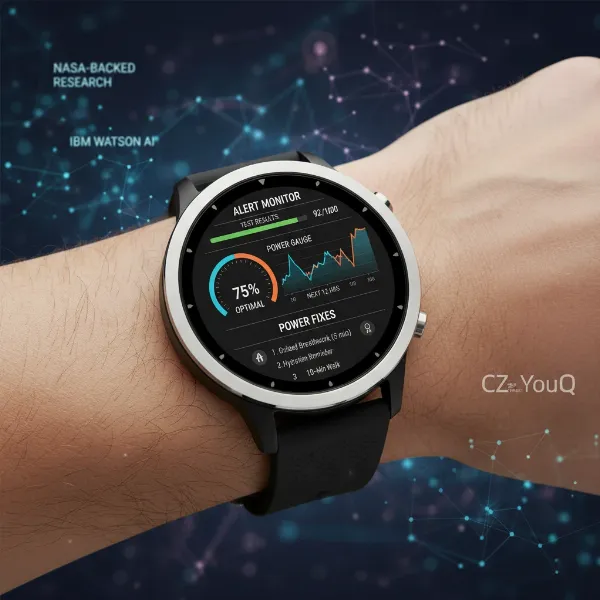 Citizen CZ Smart smartwatch displaying YouQ app interface with NASA-backed alertness insights and IBM Watson AI data.