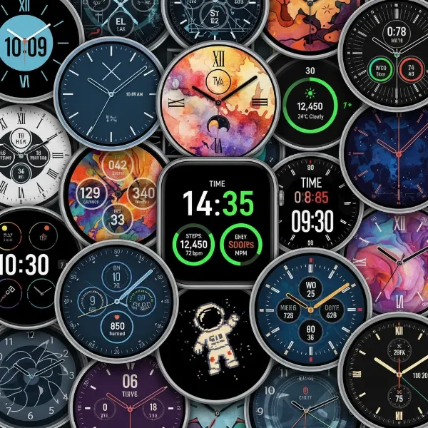 A vibrant collage of various custom smartwatch faces showcasing unique designs, colors, and functionalities.