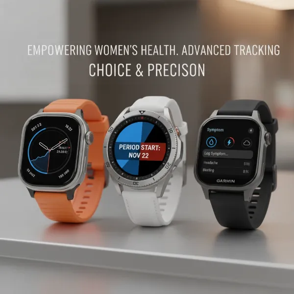 Three different smartwatch models (Apple, Samsung, Garmin) displayed, highlighting their cycle tracking interfaces.