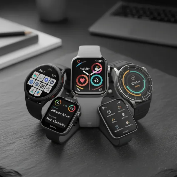 Close-up of multiple smartwatches showcasing different operating system interfaces and designs.