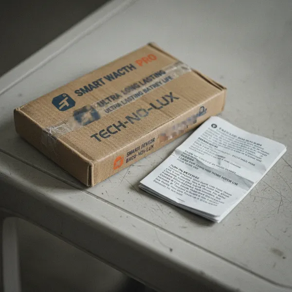 Poor quality packaging and documentation of a counterfeit smartwatch.