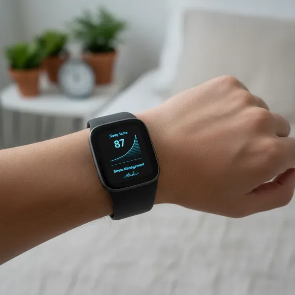 A person wearing a Fitbit device, actively tracking sleep or stress, showing holistic health data.