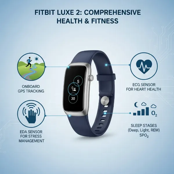 Infographic showcasing Fitbit Luxe 2's advanced health tracking, including GPS, EDA, ECG, and sleep monitoring features.