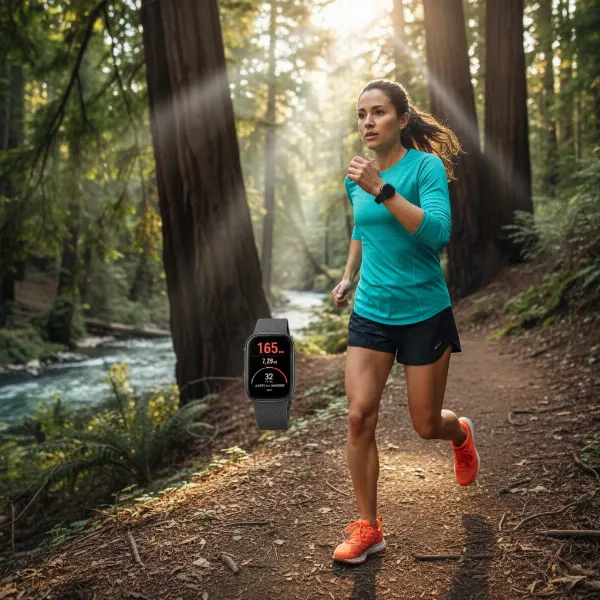 Person running outdoors wearing a Fitbit Sense 3 smartwatch, tracking fitness metrics.