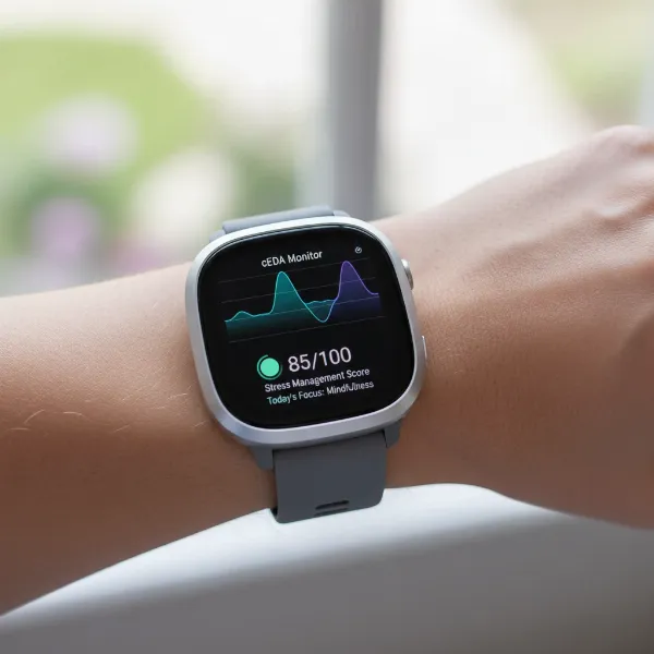 Fitbit Sense 3 smartwatch displaying a continuous EDA scan and stress management score.