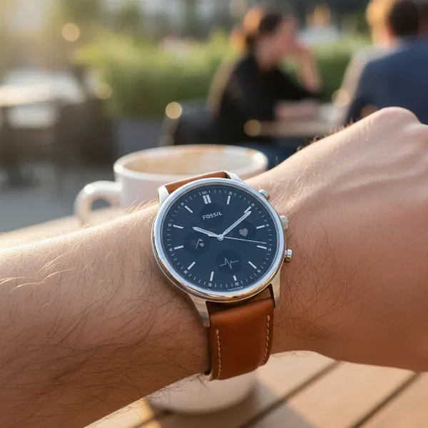 Fossil Gen 7 Hybrid smartwatch on a wrist with interchangeable strap.