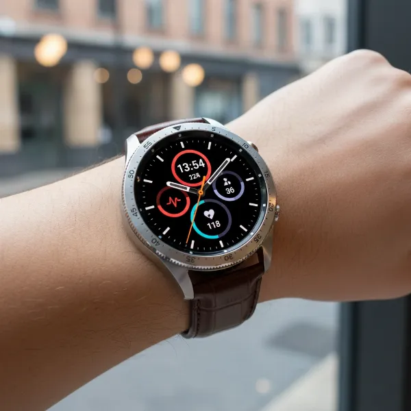 Samsung Galaxy Watch 8 Classic on a wrist, showcasing its vibrant Super AMOLED display and classic design.