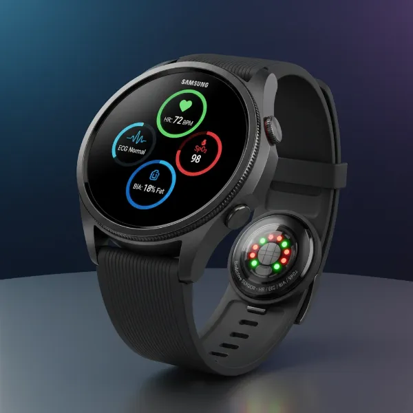 Samsung Galaxy Watch 8 Pro showcasing its vibrant Super AMOLED display and various health sensors on the back.