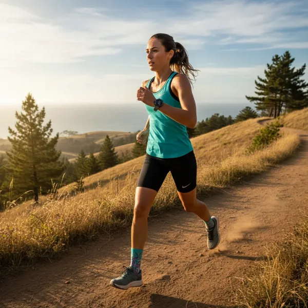 Athlete running outdoors with Garmin Forerunner 965 tracking performance data