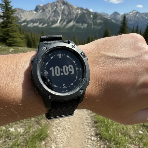 Garmin Instinct 3 Solar smartwatch on wrist, showcasing rugged design, monochrome display, and solar ring.