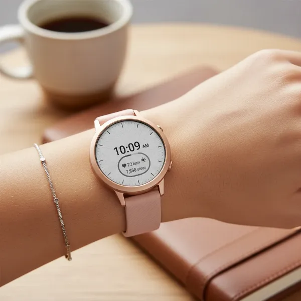 Close-up of Garmin Lily 2, showcasing its elegant design, small size, and patterned lens.