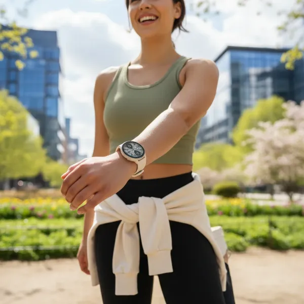 Woman wearing Garmin Lily 2, engaged in light activity, demonstrating blend of fashion and fitness.