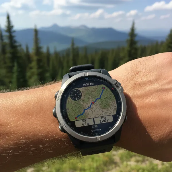 A Garmin smartwatch displays a detailed topographic map and trail navigation in an outdoor setting.
