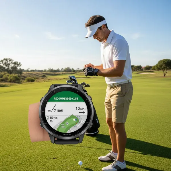 Golfer using Garmin S70 for virtual caddie club recommendation on a golf course.
