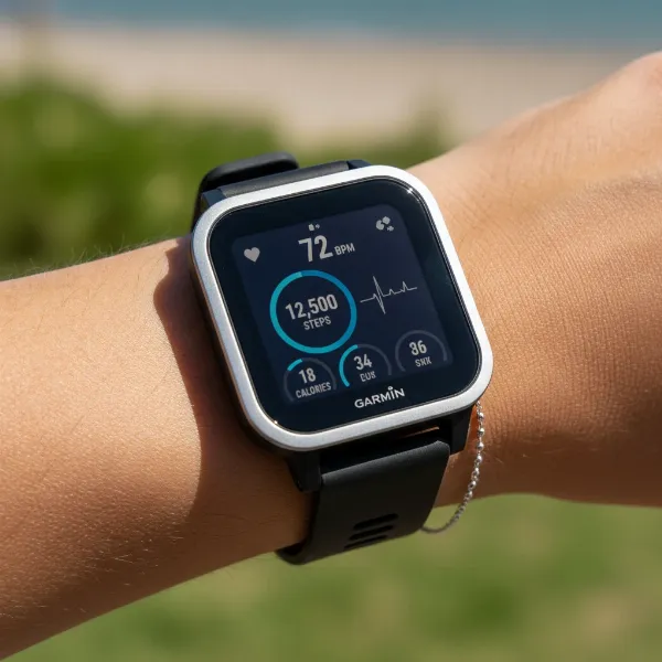 A sleek, square-designed Garmin Venu Sq 3 smartwatch with a vibrant AMOLED display on a wrist.