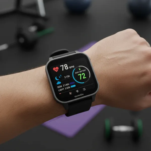 Garmin Venu Sq 3 displaying various health metrics like heart rate, sleep stages, and body battery on its screen.