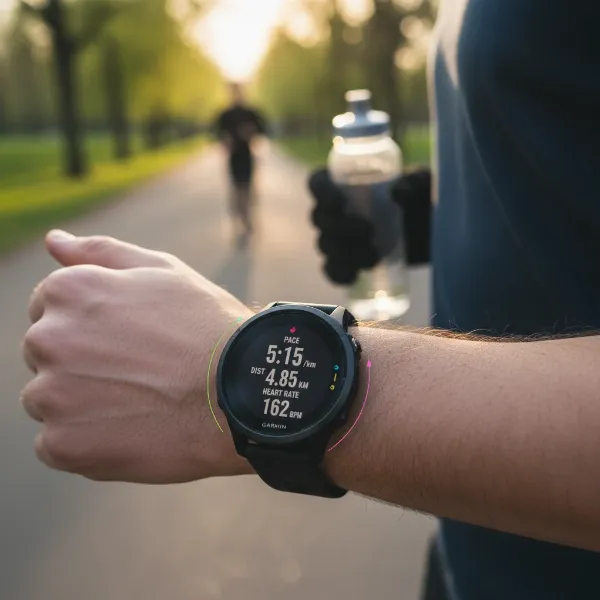 Garmin Vivoactive 6 displaying fitness metrics during a run, highlighting advanced tracking and smart capabilities.