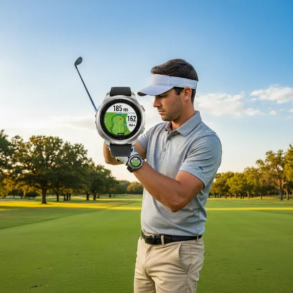 Golfer checking golf smartwatch for distances and course strategy on a sunny day.