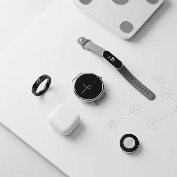 Collection of various smartwatches and wearable devices for health and sleep monitoring on a table.