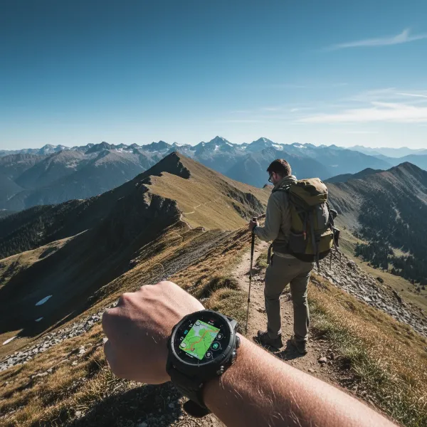 Hiker on mountain trail viewing navigation data on rugged smartwatch.