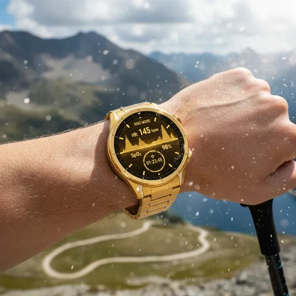 Huawei Watch Ultimate Gold Edition being used during an outdoor activity, displaying health and fitness data.