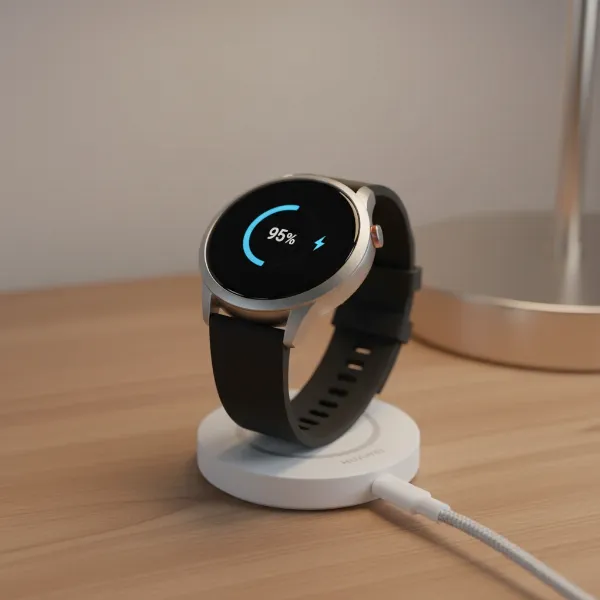 Huawei Watch GT 5 on its charging dock, displaying high battery percentage, emphasizing its long-lasting power