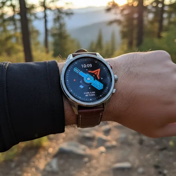 Elegant Huawei Watch GT 5 Pro on a wrist, showcasing titanium casing and sapphire display in an active setting