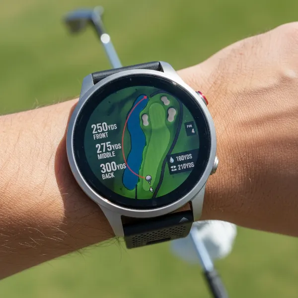 Close-up of a hybrid golf smartwatch showing a detailed 2D/3D course map with hazards.