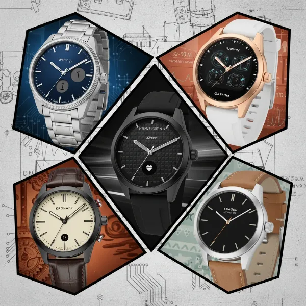 A diverse array of hybrid smartwatches from leading brands, illustrating various designs and feature sets.