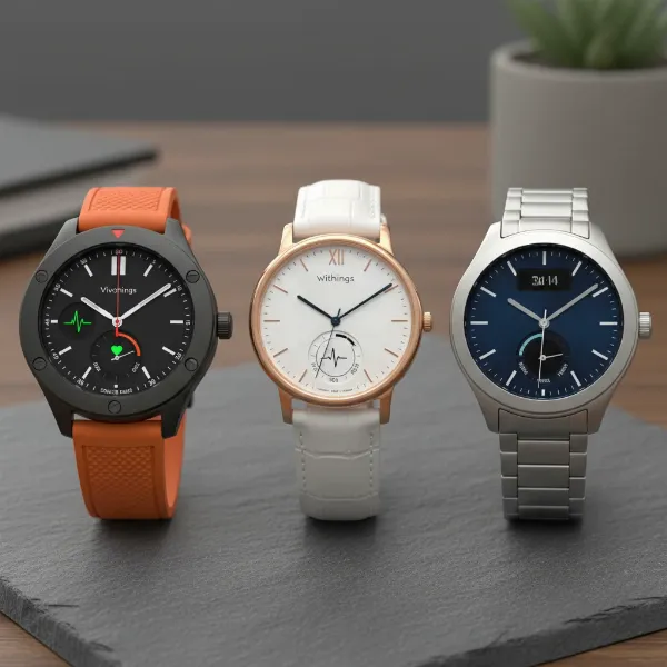 Three hybrid smartwatches demonstrating fitness, fashion, and versatile designs, combining analog look with smart features.