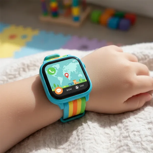 Child's hand wearing a kids smartwatch, showing GPS tracking and calling features.