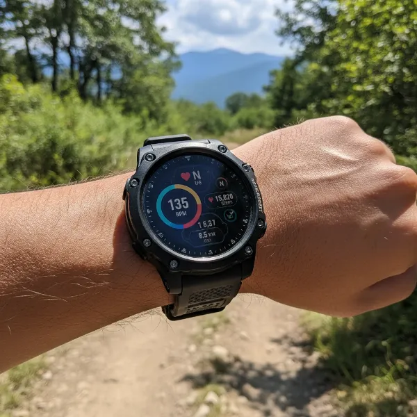 Kospet Tank M3 smartwatch display showing clear, vibrant visuals in bright outdoor sunlight conditions.