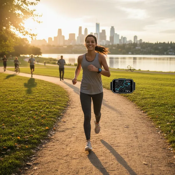 An active person running outdoors with an LTE smartwatch, leaving their phone behind.