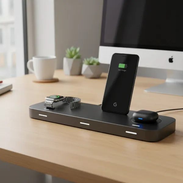 A sleek multi-device charging station for smartwatches, smartphones, and earbuds, keeping desk clutter-free.